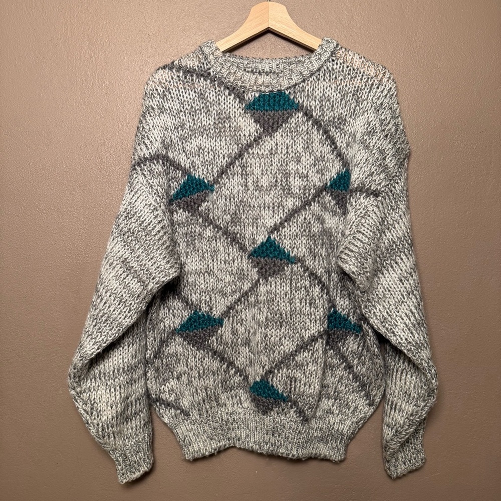Forte Vintage 80s Retro Gray Marled Crewneck Sweater with Teal Accent Mens XL